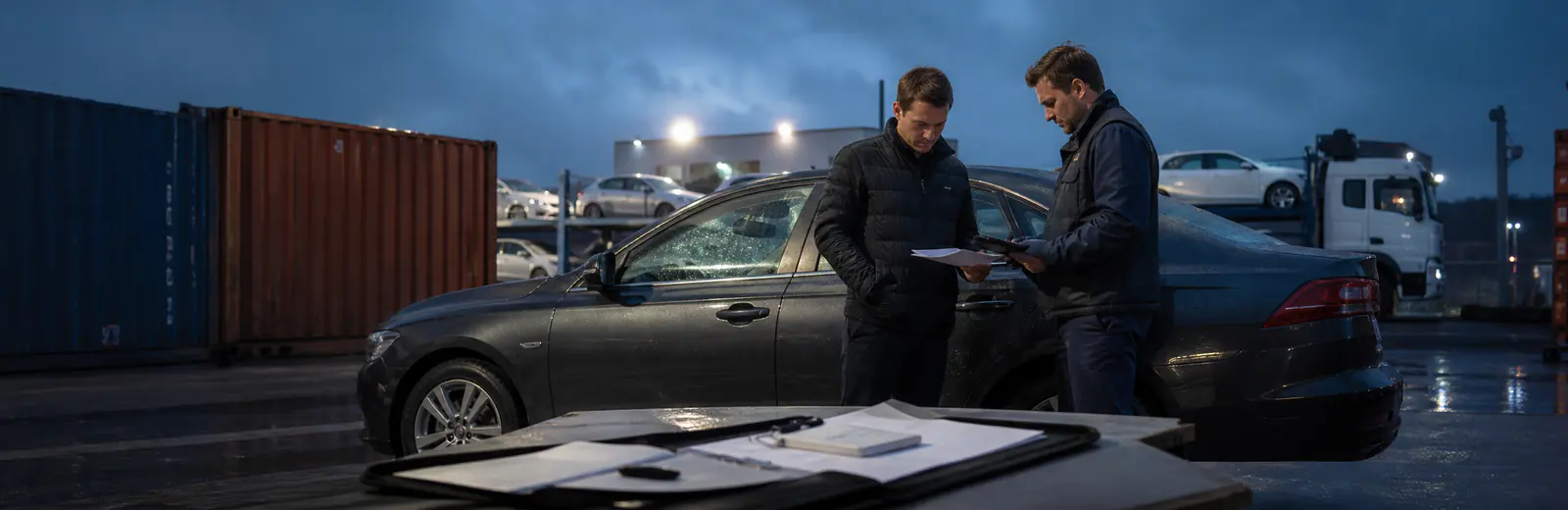 Покупатель и эксперт проверяют документы на импортный автомобиль на логистическом терминале